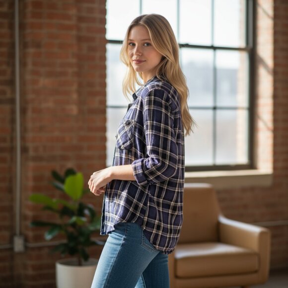 Rails Plaid Flannel Shirt – Slate Blue & White, 100% Rayon, Size Small - Picture 1 of 6